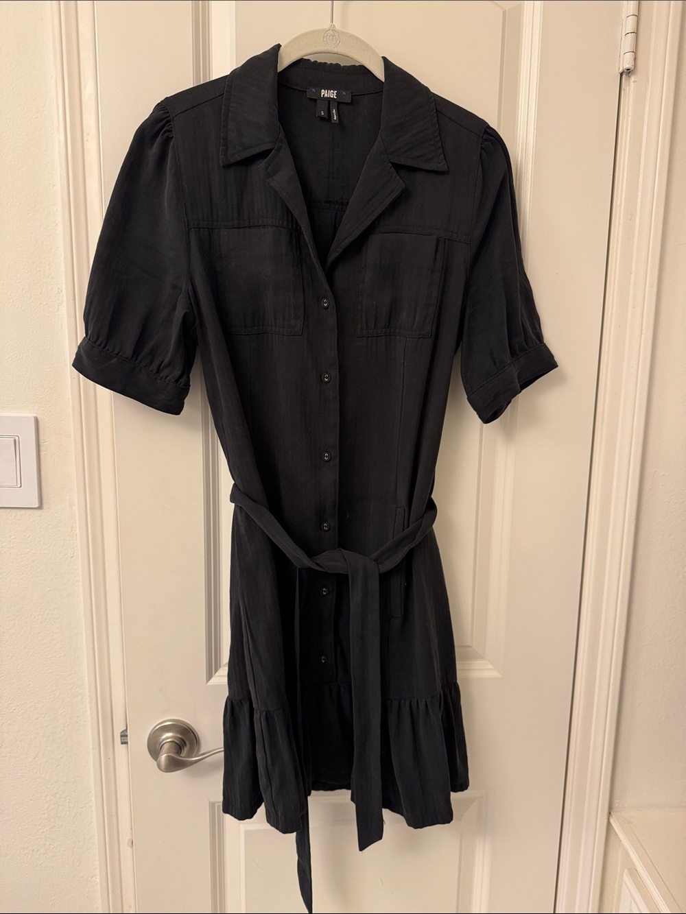 PAIGE Black Button-Front Mini Shirt Dress with Tie Waist